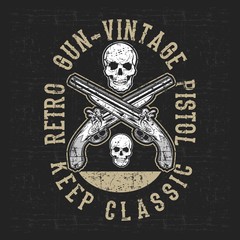 grunge style vintage pistol and skull hand drawing vector
