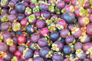 Many mangosteen mounds are gathered on the stall.