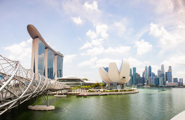 SINGAPORE, SINGAPORE - MARCH 2019:  Singapore skyline with Marina Bay Sands and Art Science museum