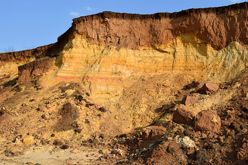 Geological section with horizontal layers of sand and clay.