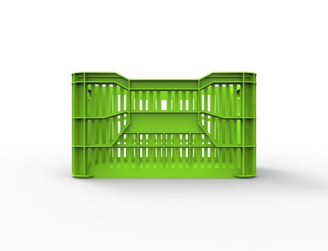 3d rendering of a stackable plastic storage crate isolated in white background.