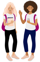 Two happy girls students, Caucasian girl with books and African American with a smartphone. Vector illustration in flat style isolated on white background, characters in cartoon design.