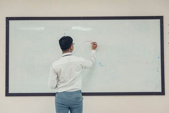 Young Attractive Man Is Writing A Business Plan On Whiteboard