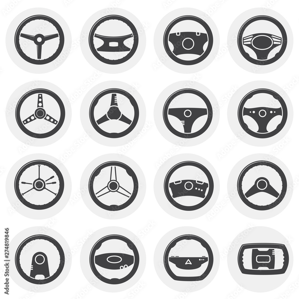 Poster steering wheel related icon set on background for graphic and web design. simple illustration. inter
