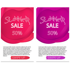 Vector Illustration Set of Dynamic modern geometric and fluid mobile for summer sale banners. Special offer and sale discount up to 50 template design with editable text.