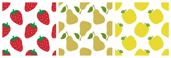 Strawberry, pear and apple. Fruit seamless pattern set. Fashion design. Food print for clothes, linens or curtain. Hand drawn vector sketch background collection