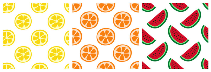 Tropical fruit seamless pattern set. Orange, lemon and watermelon. Fashion design. Food print for clothes, linens or curtain. Hand drawn vector sketch background collection