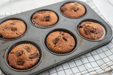 home made chocolate chip muffins in a muffin tray