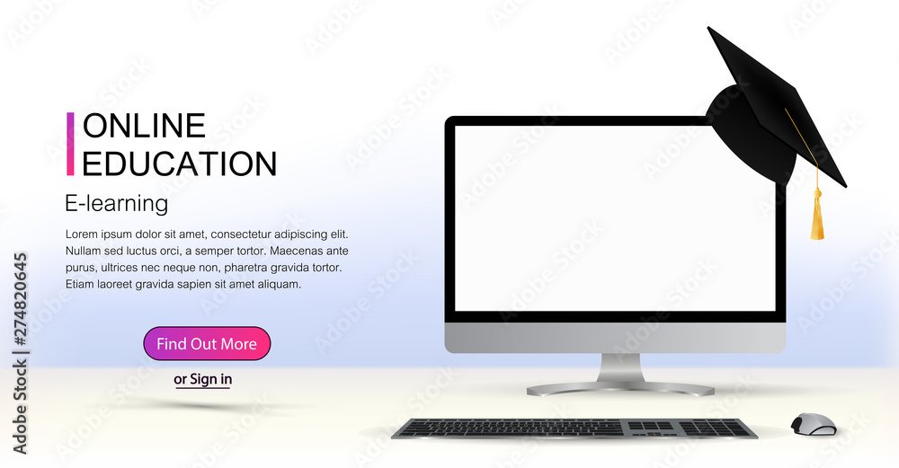 Poster web page template - of e-learning & online education concept with e-learning. computer with a white 