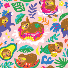 Naklejka na ściany i meble Seamless pattern with cartoon sloths enjoy summer day in the water. Vector illustration