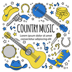 COUNTRY MUSIC FESTIVAL American Cowboy Western Holiday Vector Illustration Set for Print Fabric and Decoration
