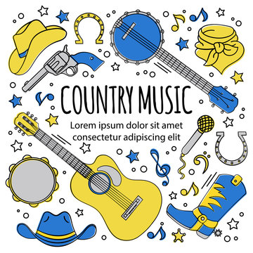 COUNTRY MUSIC FESTIVAL American Cowboy Western Holiday Vector Illustration Set for Print Fabric and Decoration