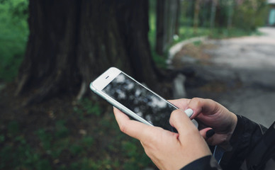 Hand holding mobile phone close up. Female hands texting on a smartphone