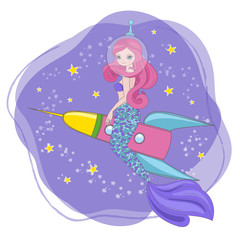 TRAVELING MERMAID Space Cartoon Cosmos Galactic Universe Princess Journey Vector Illustration Set for Print Fabric and Decoration