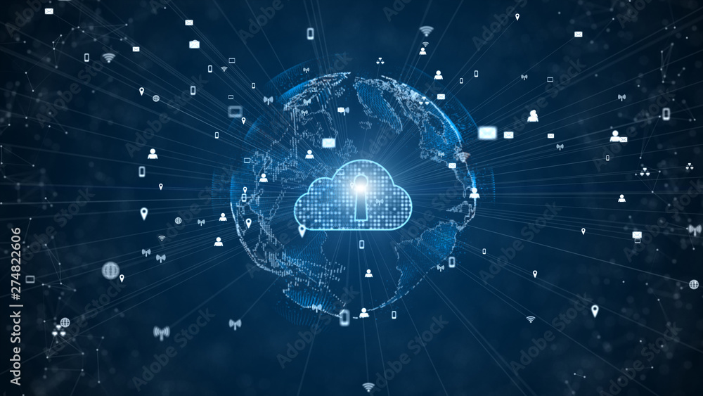 Poster secure data network digital cloud computing cyber security concept. earth element furnished by nasa