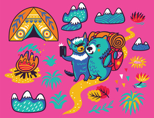 Summer print with cute Tasmanian devil and the wombat tourist in cartoon style. Vector illustration