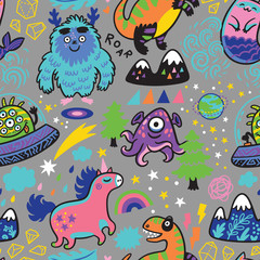 Rainbow seamless pattern with magic creatures in cartoon style.