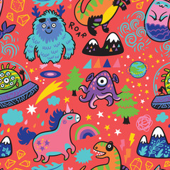 Rainbow seamless pattern with magic creatures in cartoon style.