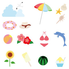 夏のアイテムのアイコンセットのイラスト　カラー（線画なし）バージョン