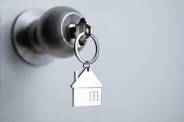 closeup key on the door, personal loan concept. soft focus.