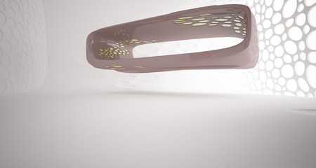 Abstract white, brown and yellow smooth parametric interior with window. 3D illustration and rendering.