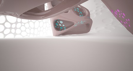 Abstract white, brown and yellow smooth parametric interior with window. 3D illustration and rendering.