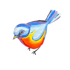 Eurasian watercolor blue tit isolated on white background. Abstract bird titmouse with blue head and back and orange chest