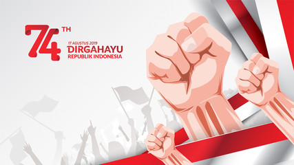 17 August. Indonesia Happy Independence Day greeting card with hands clenched, Spirit of freedom symbol. Use for banner, and background . Vector