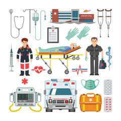 Ambulance vector doctor character ambulance car and pharmacy medicine drugs pills illustration medication pharmaceutics first-aid set of medical treatment healthcare signs isolated on white background