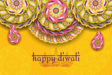 Happy Diwali yellow template with floral paisley and mandala. Flower and leaves patterns. Festival of lights
