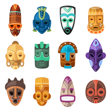 Tribal mask vector cartoon african face masque and masking ethnic culture in Africa illustration set of traditional masked symbol isolated on white background