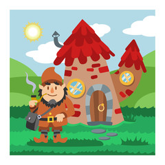 Fantasy gnome house vector cartoon fairy treehouse and magic housing village illustration set of kids gnome fairytale pumpkin or stone playhouse for gnome background