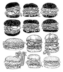 set of hamburgers - obrazy, fototapety, plakaty