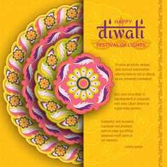 Happy Diwali yellow template with floral paisley and mandala. Flower and leaves patterns. Festival of lights