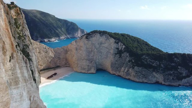 Stunning view of the cliffs in Shipwreck Cove in summer on Zante Island, Greece