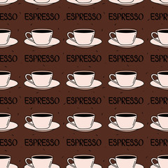 Seamless pattern with cups of coffee, hand drawn overlapping backdrop. Colorful background vector. Set of cups. Decorative wallpaper, good for printing