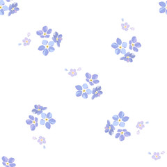 Vintage seamless pattern with field small blue flowers on white background.