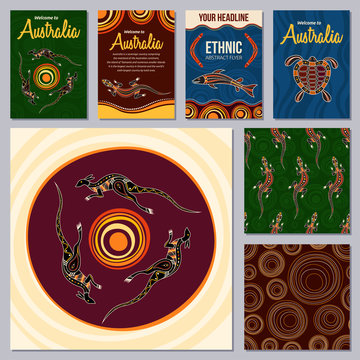 Set of colorful flyers, posters, banners, placards, cards, brochure design templates, seamless patterns.