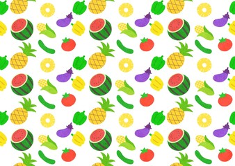 夏野菜とフルーツのパターン　白背景