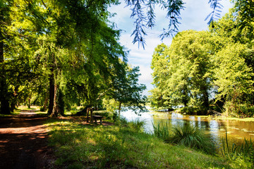 banc public sur le lac de Soustons dans les Landes