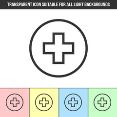 Simple outline transparent cross medical icon on different types of light backgrounds