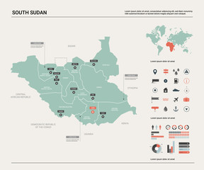 Vector map of South Sudan. Country map with division, cities and capital Juba. Political map,  world map, infographic elements.
