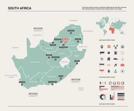Vector map of South Africa (RSA). Country map with division, cities and capital Pretoria. Political map,  world map, infographic elements.
