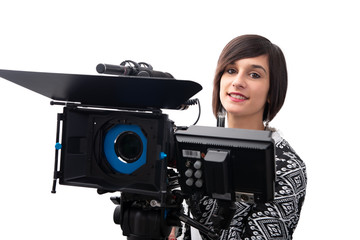 young woman with professional video camera, SLR, on white