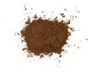 Pile cocoa powder isolated on white background.