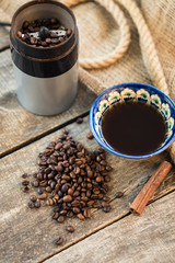Coffee beans. Roasted coffee beans on the brown wooden table