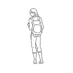 Fototapeta premium Young teen girl stands looking away with backpack on her back vector line art flat black white isolated illustration.