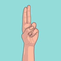 The girl shows two fingers on a turquoise background - 274829218