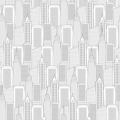 Urban street and building in city seamless pattern. Shops and high-rise houses line art style vector black white illustration background.