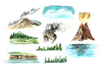 Landscape elements with volcano. Watercolor hand drawn illustration, isolated on white background